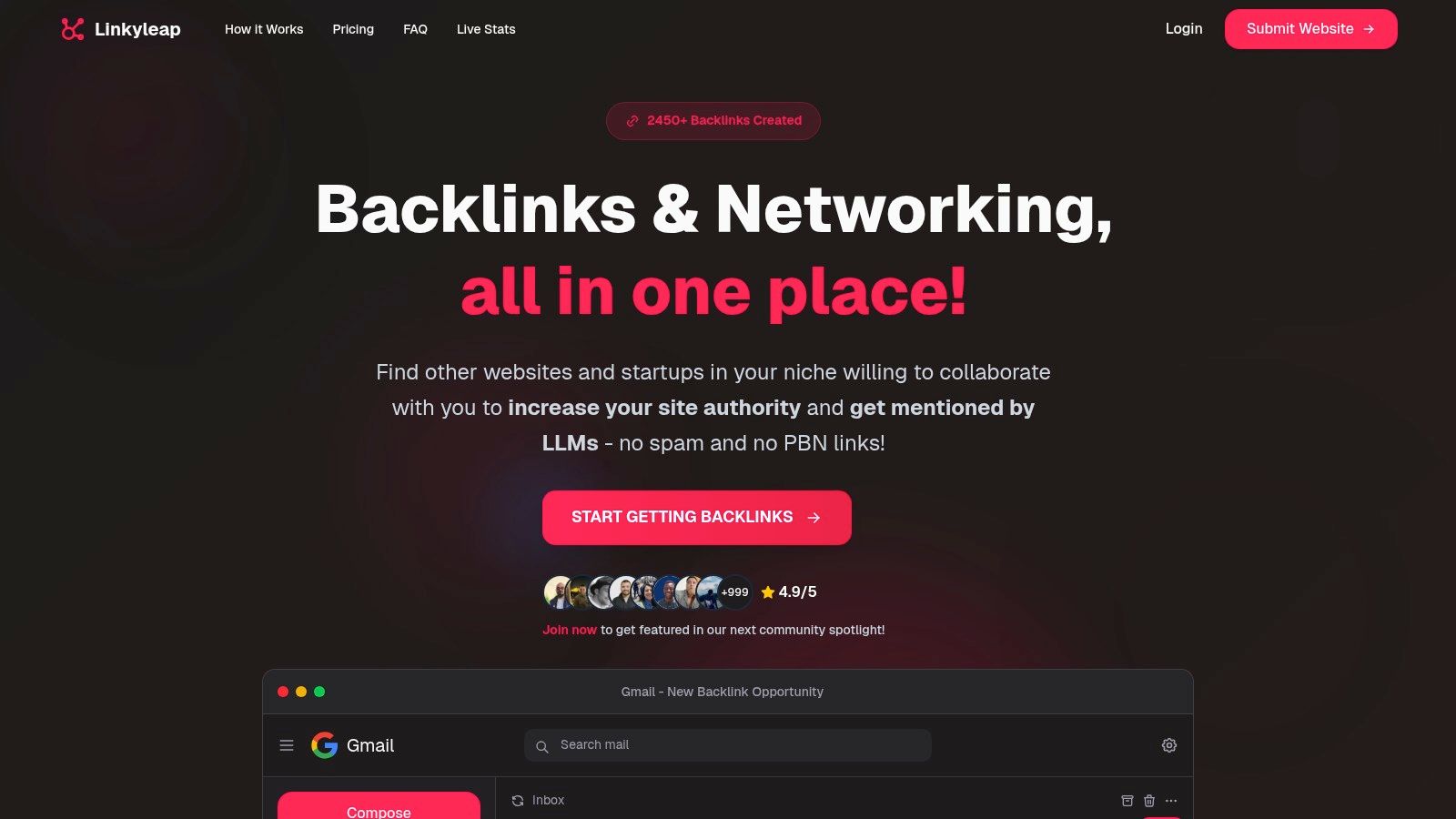 Linkyleap dashboard showing partnership opportunities and website metrics