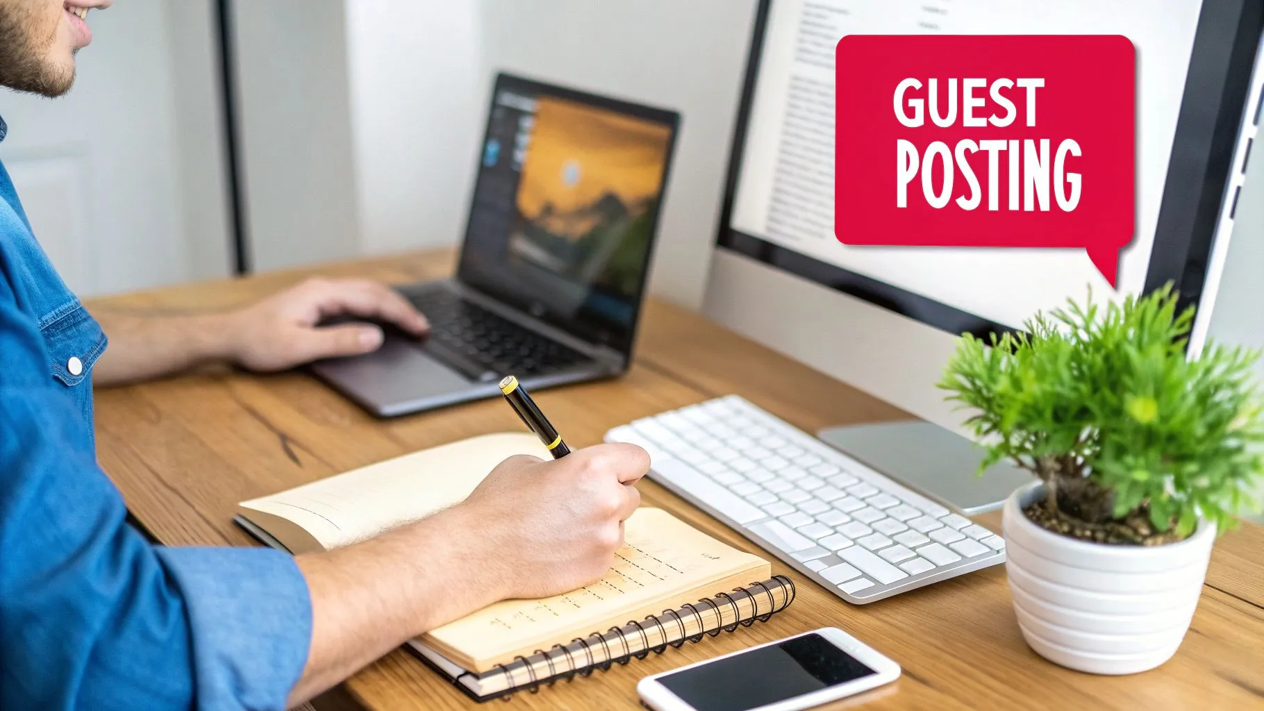 A person writing on a laptop, symbolizing the creation of a guest post for another website.